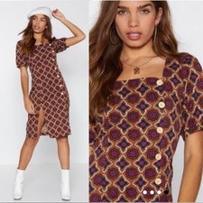 NASTYGAL Retro Brown Purple Medallion Printed Square Neck Button Midi Dress Sz 4