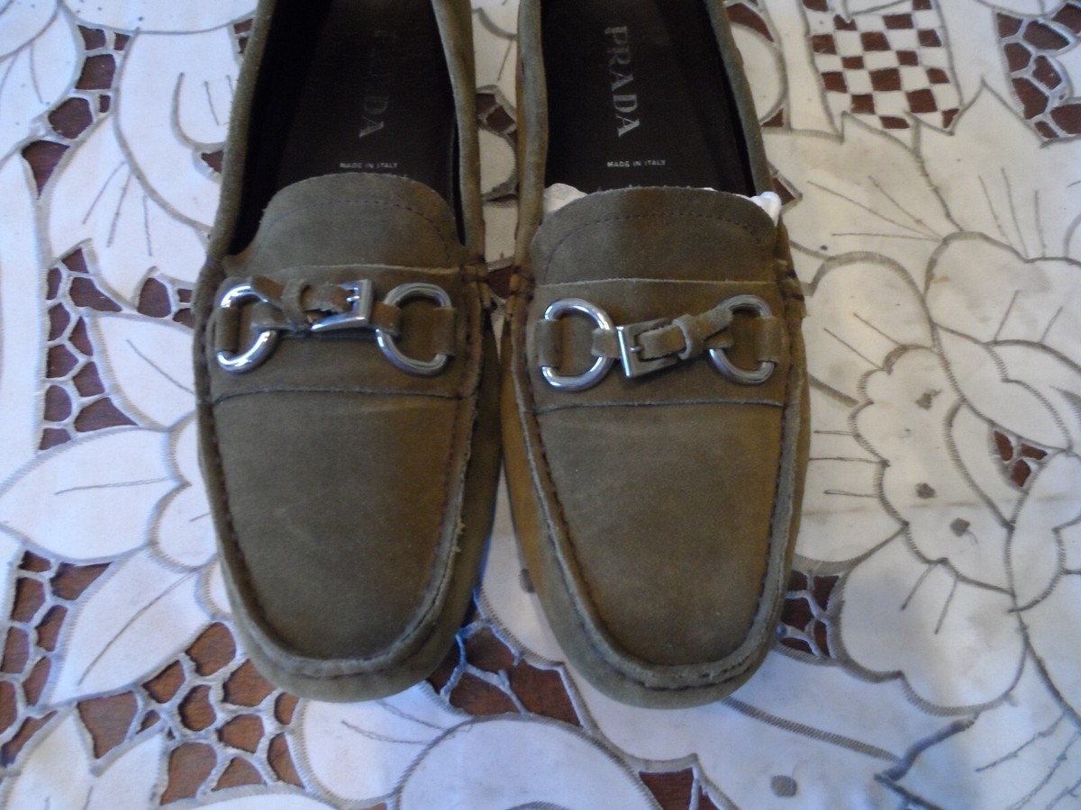 靴 PRADA driving Loafer Green vintage Prada Green Saffiano Leather Driving Loafers Size 7/37.5