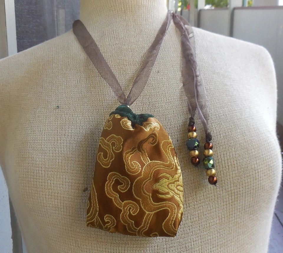 Reversible Forest Green Velvet, Brown Gold Brocade Drawstring Necklace Bag Pouch