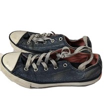 Converse All Star Kids Blue Glitter Denim Low Top Sneakers Silver Laces Size 3Y