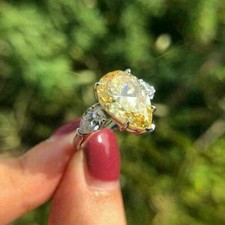 3.20Ct Pear Cut Yellow Citrine Three Stone Engagement Ring 14k White Gold Finish
