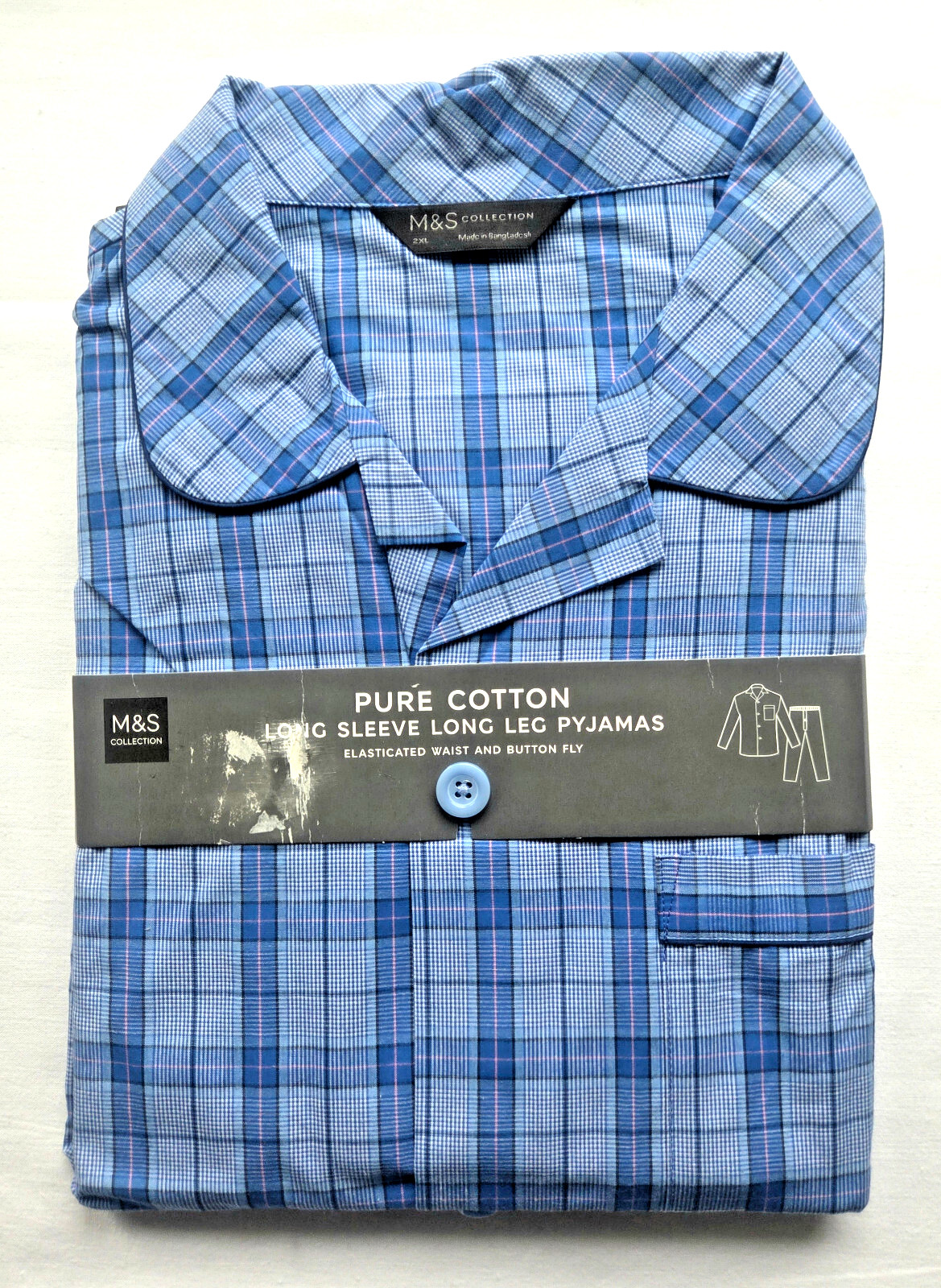 M&S Pure Cotton Mens Long Sleeve Blue Check Pyjamas Size 2XL Chest 47"" - 49""
