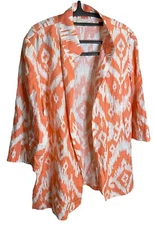 Chico’s Women's Size 2 (L) Open Long Cardigan Orange/White 100% Linen