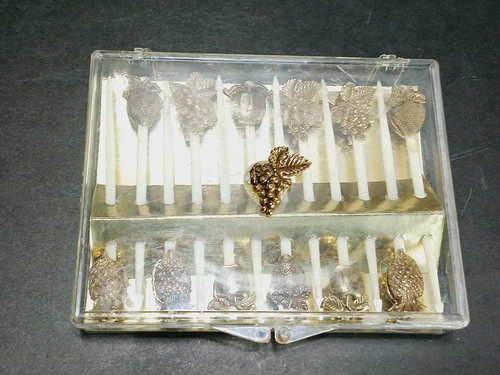 Vtg Set of 12 Fruit Hors d'oeuvre picks in plastic box = Fruit are metal