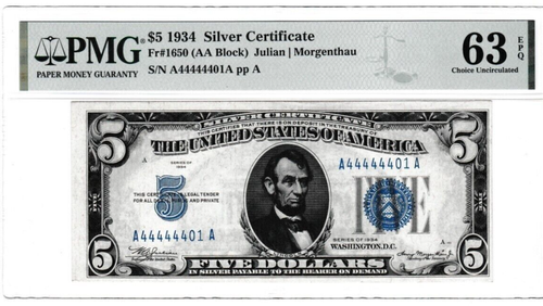 NEAR SOLID $5 1934 SILVER CERTIFICATE NOTE S/N A 44444401 A Fr.1650 PMG ...
