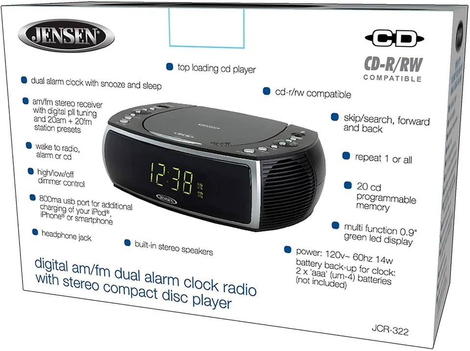 Jensen JCR-322 Modern Home CD Tabletop AM/FM Radio CD Player Dual Alarm Clock - Image 3 of 4