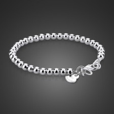 Solid 925 Sterling Silver 4mm-6mm Bead Ball Chain Bracelet All Size for Women