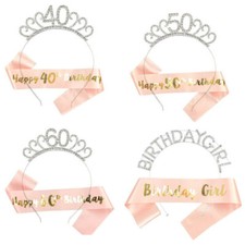 Girl Women Headband Rose Gold Rhinestone Party Crown Sash Birthday Tiara