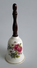Vintage Fine Bone China White Bell with Wood Handle Floral Rose Flowers Pretty!
