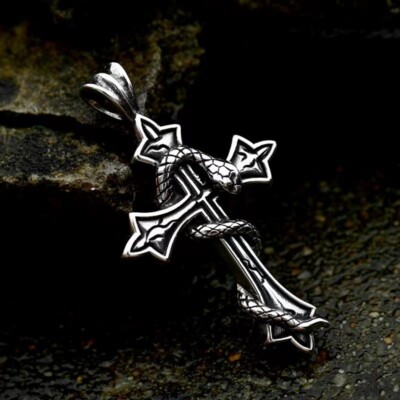 Stainless Steel Snake Cross Pendant Necklace Men's Punk Retro