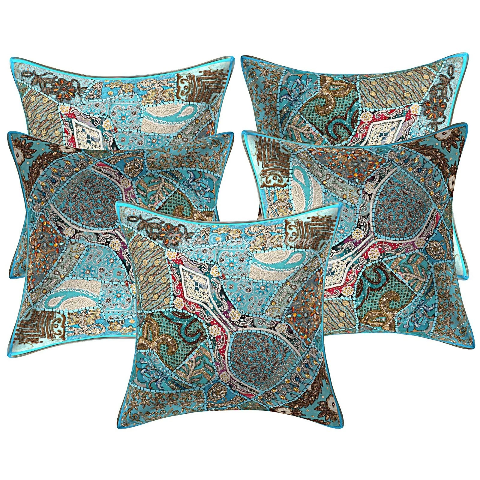 Bohemian Cotton Throw Pillow Covers Beaded Patchwork Turquoise Floral Home Decor