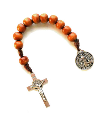 St Benedict Pocket One Decade Brown Wood 6-1/4'' Rosary - Spanish Card Included -
