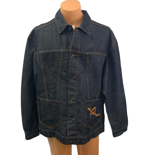 Rocawear Mens XL PolyCotton Machine Washable Button Up Denim Blue Jean Jacket