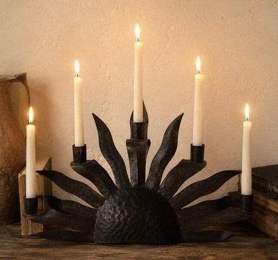 Vintage Brutalist Wrought Iron Sunburst Candelabra Candle Holder MCM 