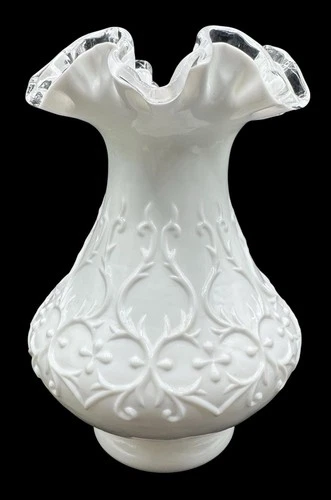 Vintage Fenton Vase Silver Crest Spanish Lace Milk Glass Ruffled Embossed 8”