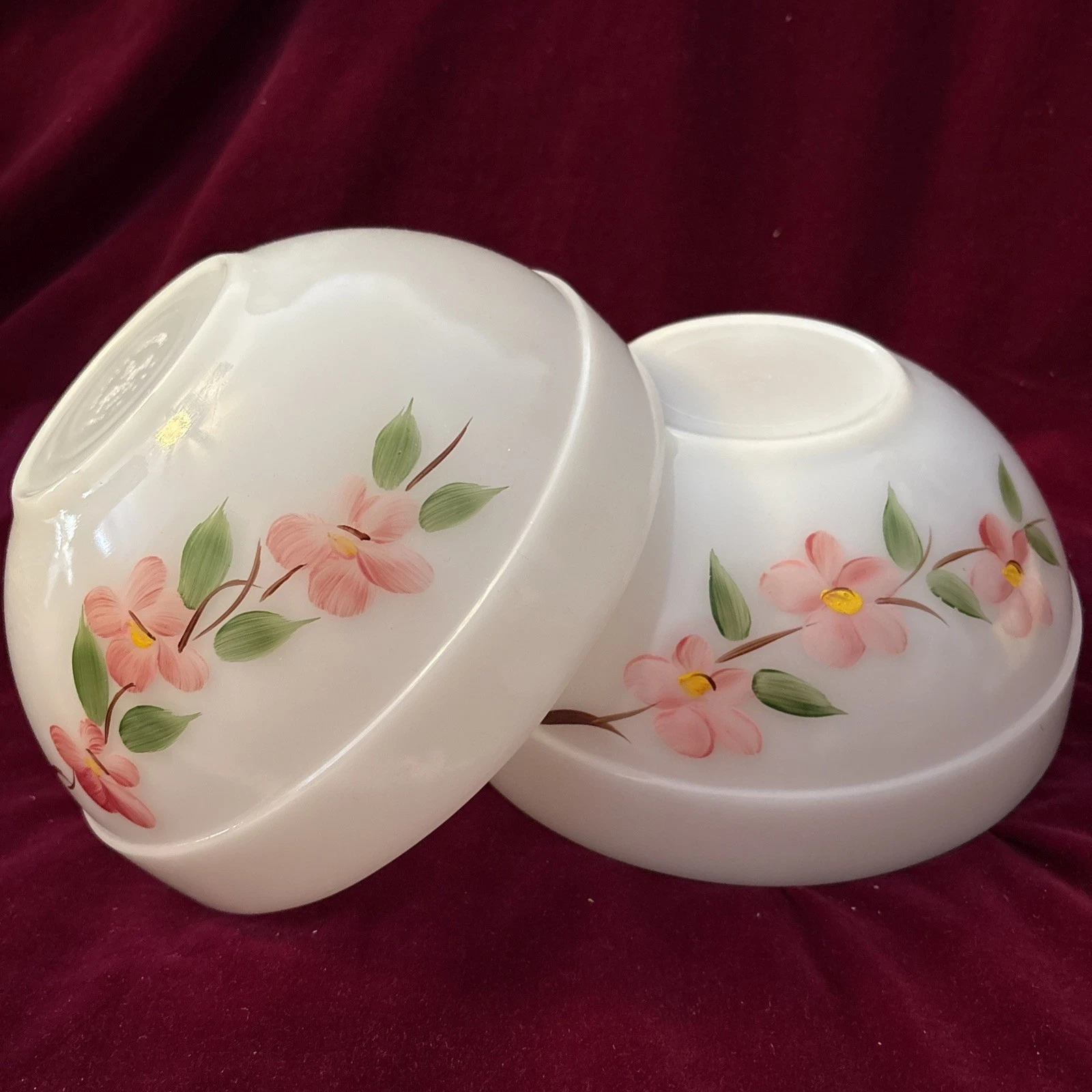 Set/2 Anchor Hocking Fire King ~Peach Blossom~ 8 1/2” Glass Mixing Bowl Pink