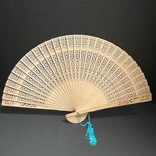 Vintage Carved Sandalwood Asian Folding Hand Fan 16" Teal Tassel