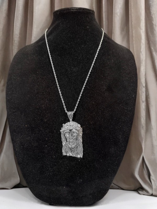 ESTATE: 925 STERLING SILVER XXL MASSIVE Jesus BAGUETTE Lab Sim VVS1 Pendant