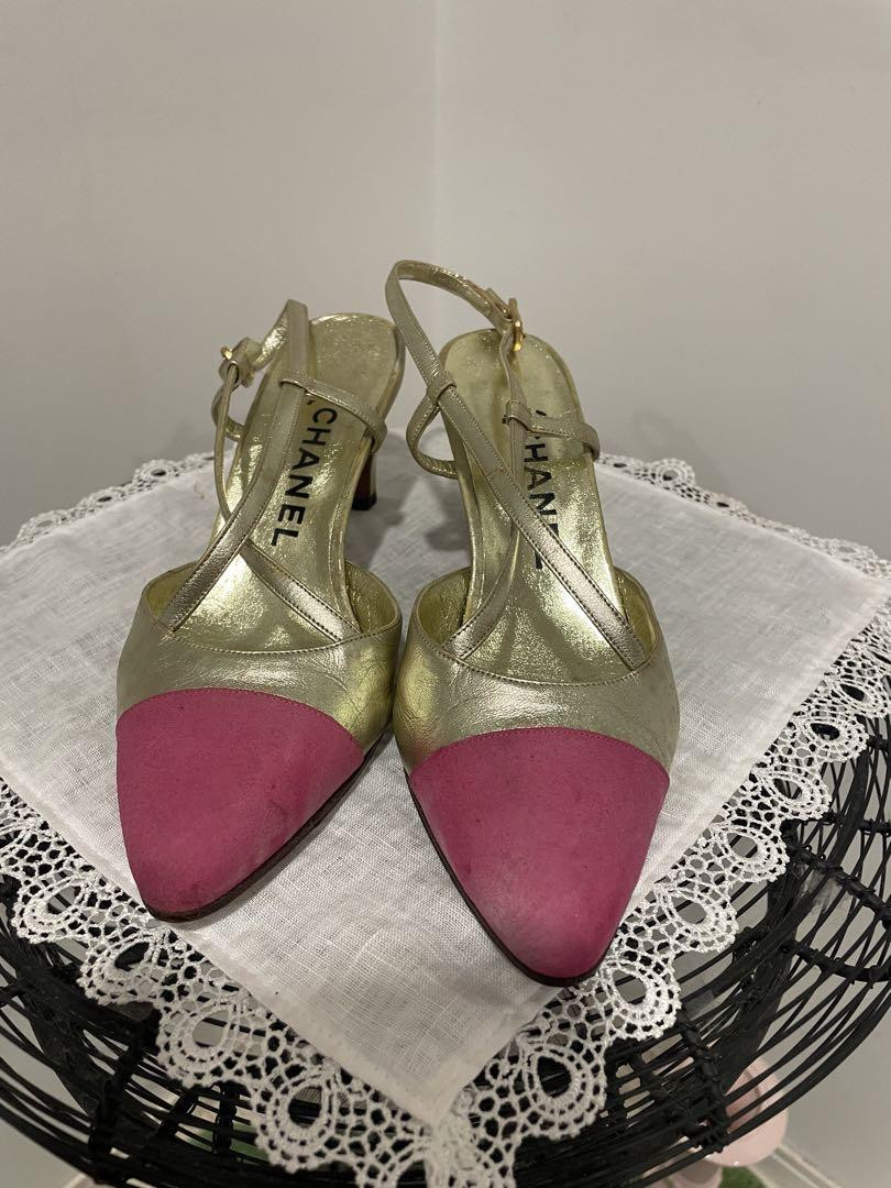 Chanel Back Strap Pumps Shoes Pink Suede Gold Size 35 US About5 For Women thumbnail 22