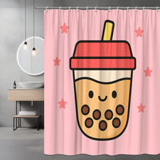 Cute Pink Bubble Tea Shower Curtain for Kids Bathroom Decor