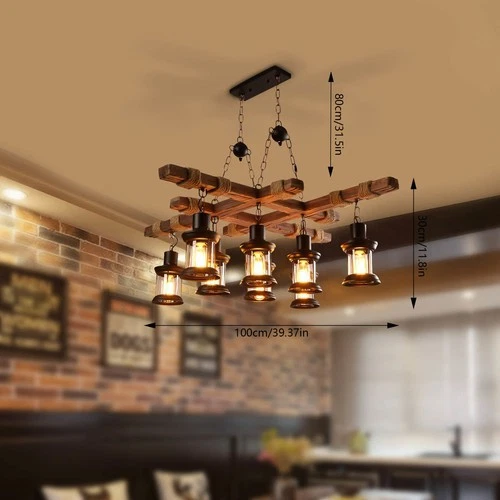 Rustic Wood Chandelier Light 8 Heads Pendant Hanging Lamp Ceiling Fixtures Bar - Image 3 of 4