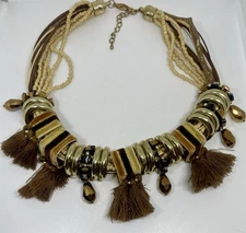 Vintage 1970’s Runway Necklace Mixed Materials Velour Bone Moody Browns Metallic