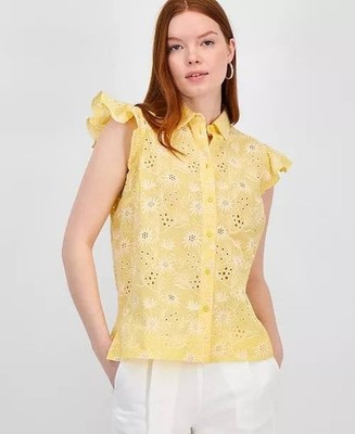 T Tahari Women s Cotton Eyelet Flutter Sleeve Top Yellow $78 NWT