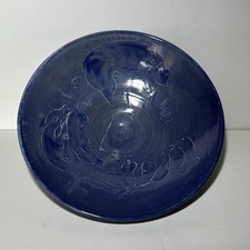 Vintage Studio Pottery Slip Ware Blue Pigs Hand Painted Bowl 27cm Signed