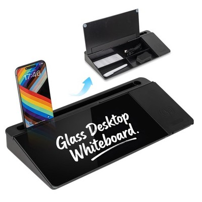 Glass Desktop Whiteboard with Wireless Charger & Storage, Desk Dry Erase Note...