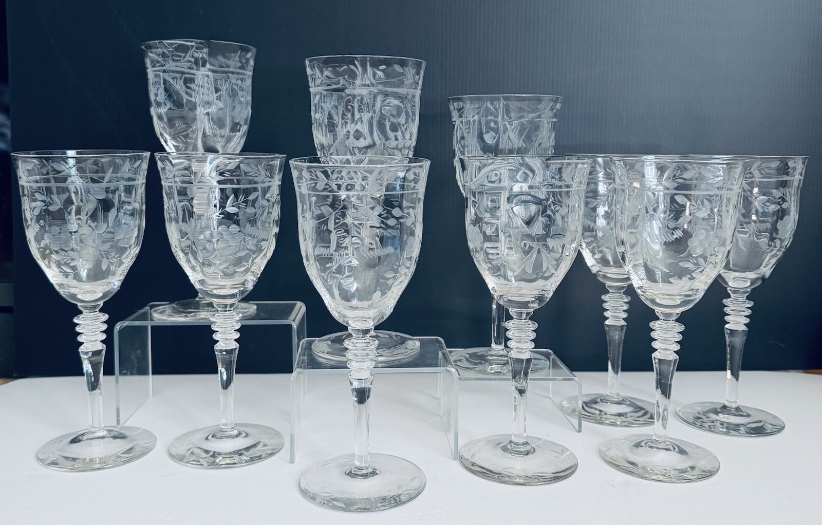 30 Pc Tiffin Etched Crystal Stemware Set Flanders Floral Goblets Coupes Tumblers