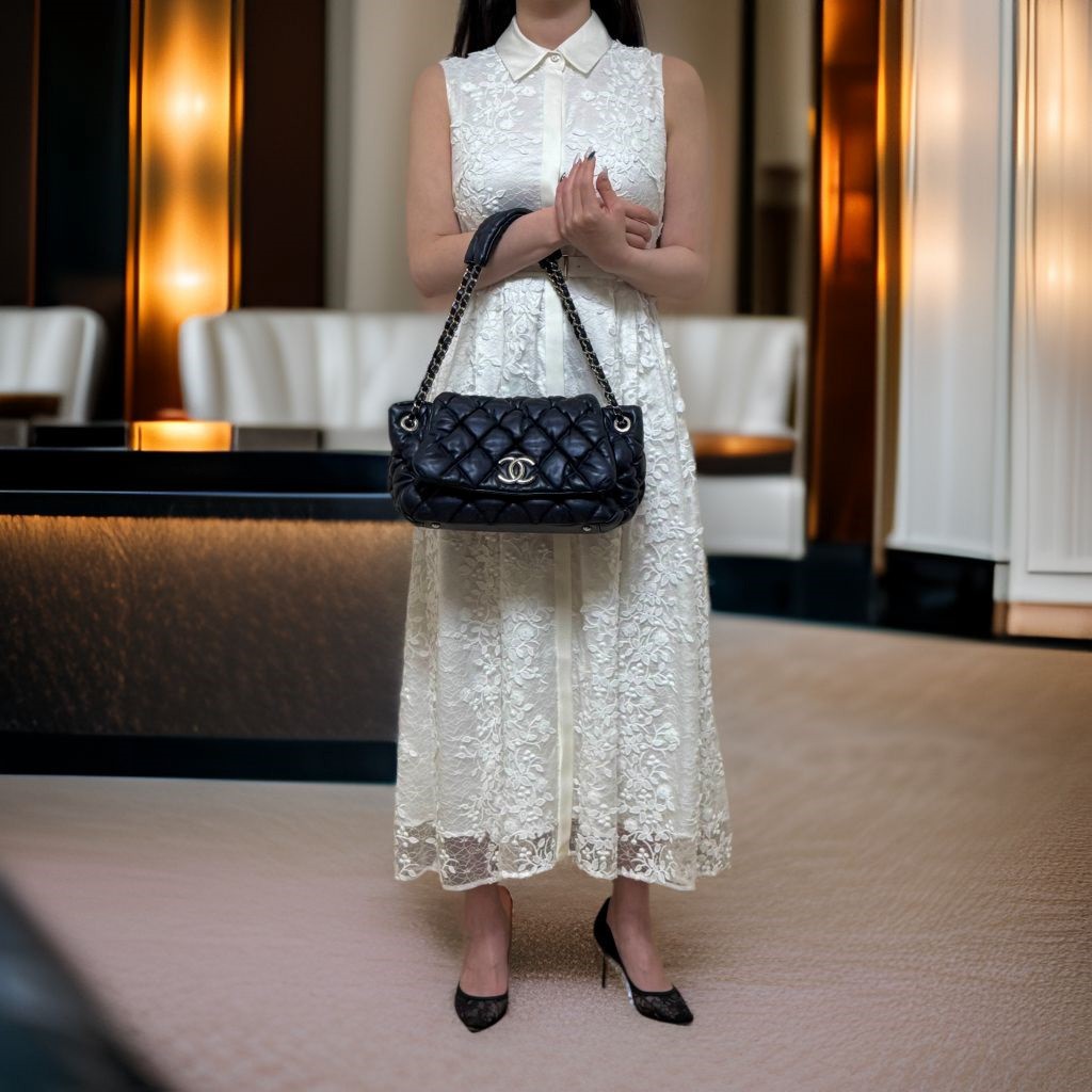 CHANEL lambskin bubble quilt shoulder bag in metallic blue