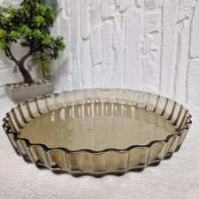 Vintage Arcopal France Smoked Glass Fluted Tart Pie Dish Round Bakeware 27cm