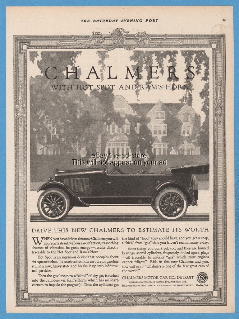 1920 Chalmers Motor Co Detroit MI Antique Hot Spot Rams Horn Open Car Art Ad