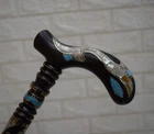 Handcrafted Egyptian Ebony Wood Walking Cane: Turquoise & Mother of Pearl Stick