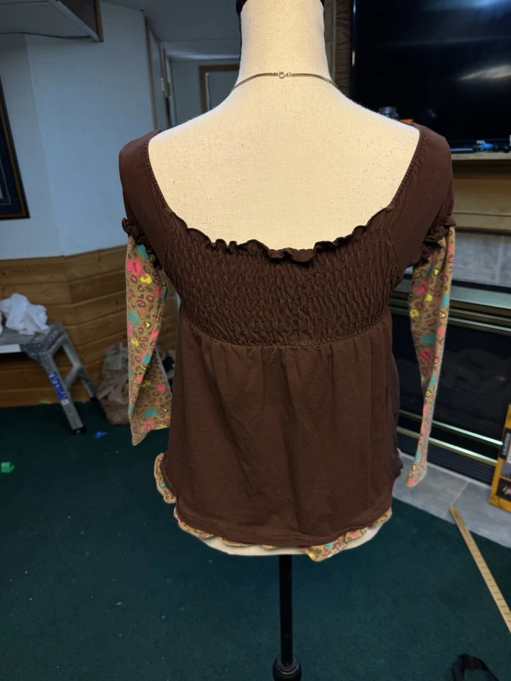 XOXO Niñas Marrón Babydoll Top Y2K Boho Kawaii Corazones Leopardo Mangas Emo Escena Foto 4 de 4