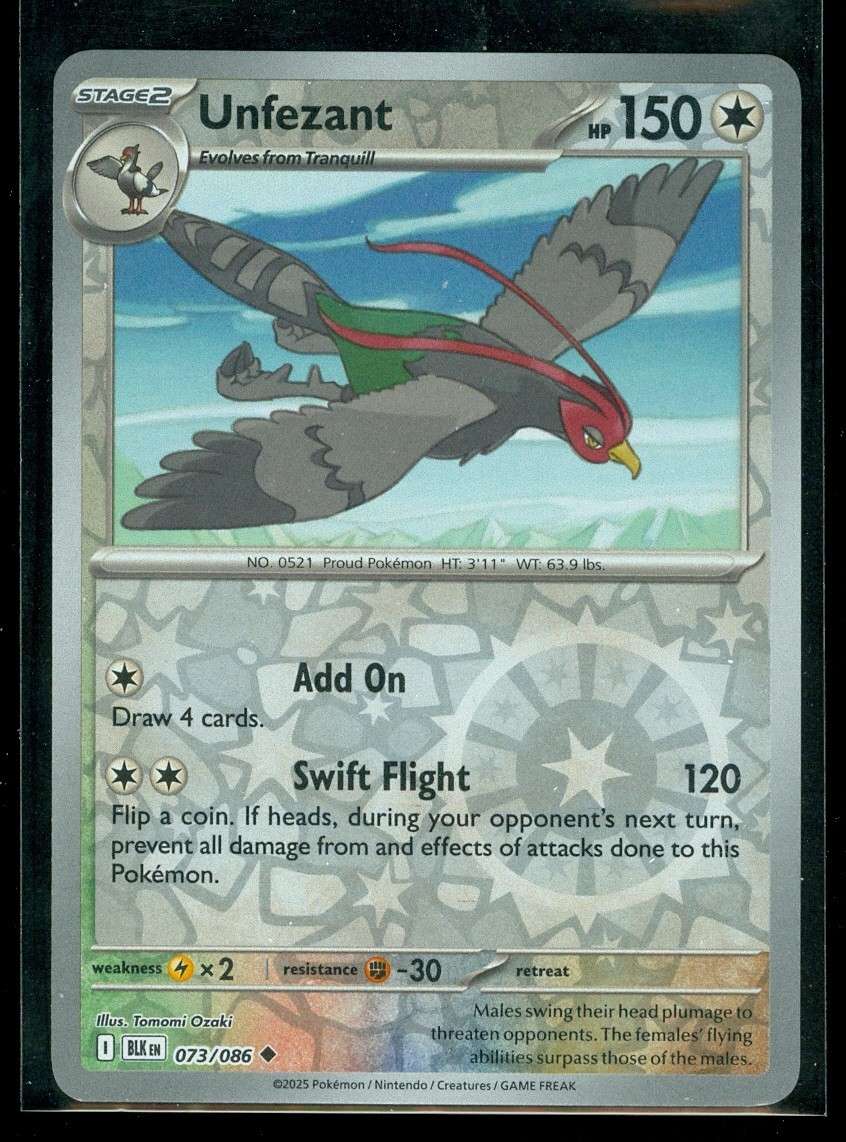 Pokemon UNFEZANT 073/086 - Black Bolt - Rev Holo - MINT