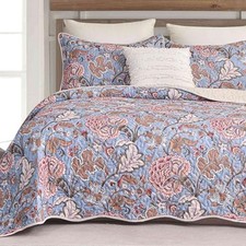 Quilt Set Queen Size 3Pcs, Blue Red Tan Beige Floral Oversized Scallop