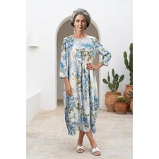 Floral Print 3/4 Sleeve Maxi Dress Blue White Round Neck Size 3XL
