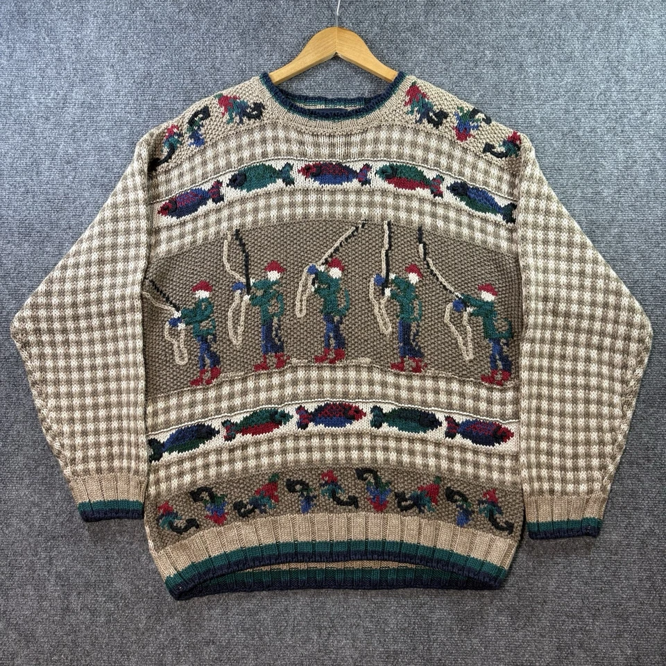 VTG FLY FISHING Hand Knit Fisherman Sweater Mens XL AOP RARE Northern Isles - Image 2 of 4