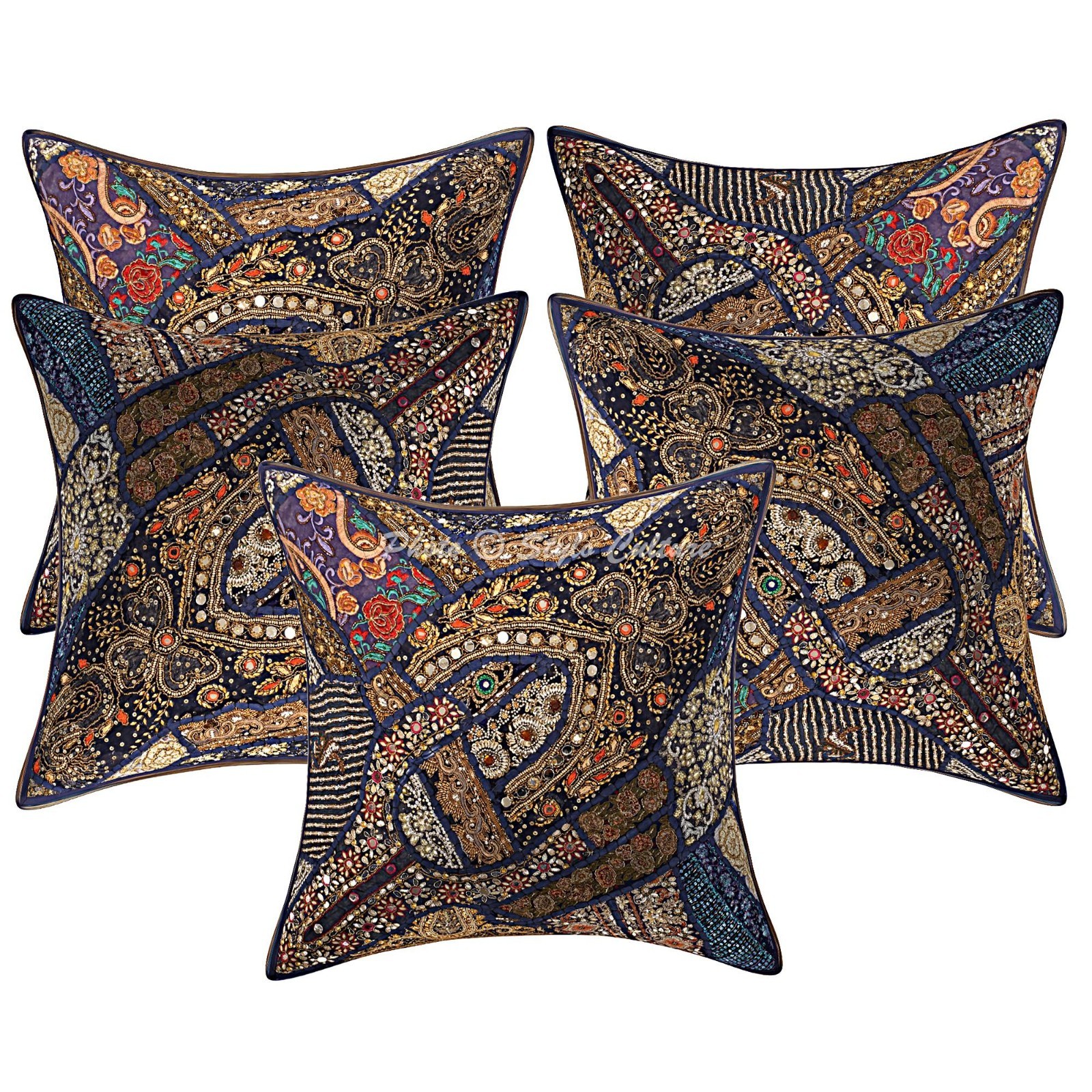 Indian Beaded Patchwork Cotton Pillow Cover 24x24