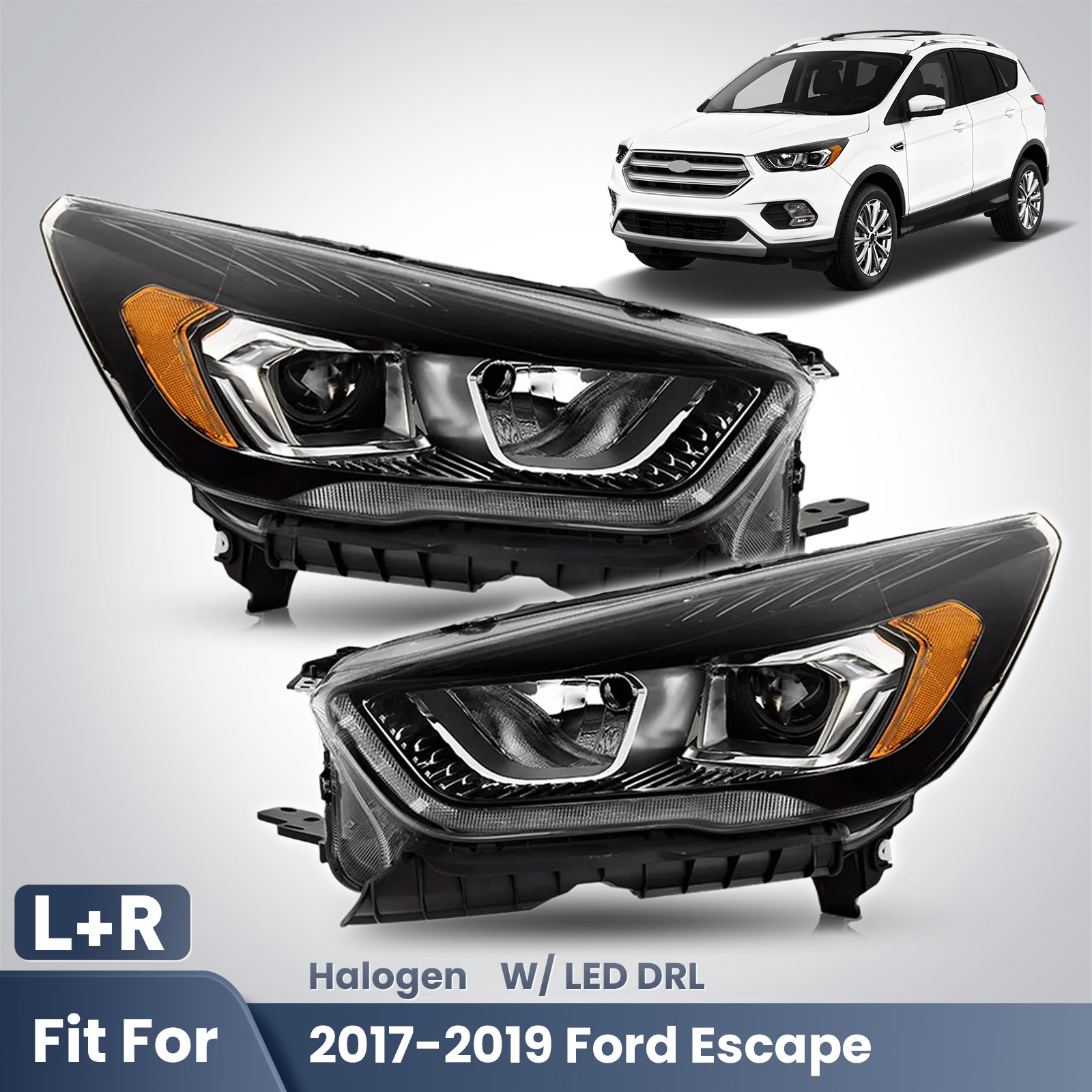 Halogen Headlight For 2017-2019 Ford Escape Black w/LED DRL w/Bulb Left+Right
