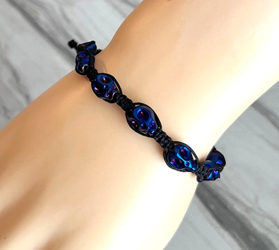 Metallic Blue Glass Skulls Black Macrame Bracelet Adjustable For 6''-6.7'' Wrist
