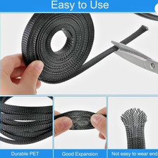 20FT I in Black Expandable Wire Cable Sleeve Nylon Braided Wire Cable TubingCord