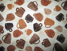 COFFEE CUPS DRINKS VARIETY TAN BROWN CREAM COTTON FABRIC BTHY