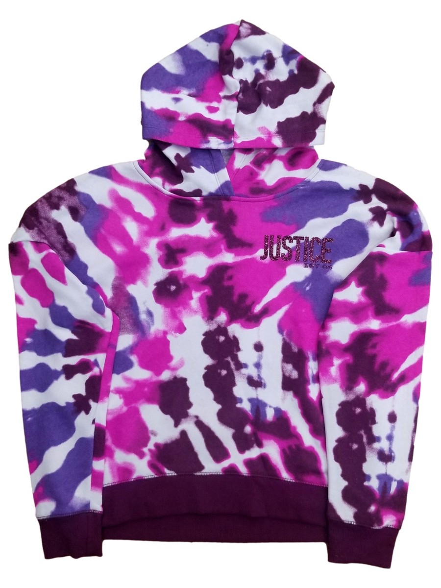 Justice Girls Purple Pink White Sparkles Tie Dye Hoodie Sweatshirt