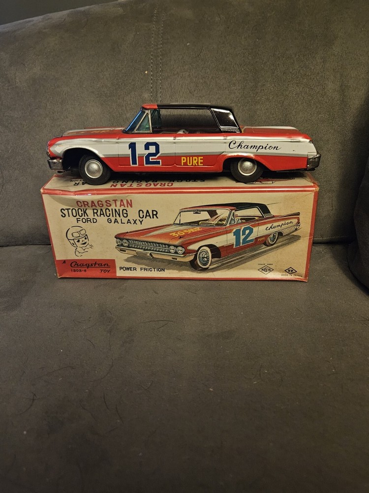 VINTAGE CRAGSTAN TIN LITHO FRICTION POWERED FORD GALAXY STOCK RACE CAR #12