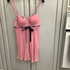 Delicates Vtg Pink Chiffon Ruffle Satin Bow Lingerie Sz M Gown Adjustable Strap