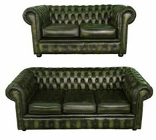 Genuine Leather Antique Green Chesterfield Sofa Settee 3 Seater Armchair Stool