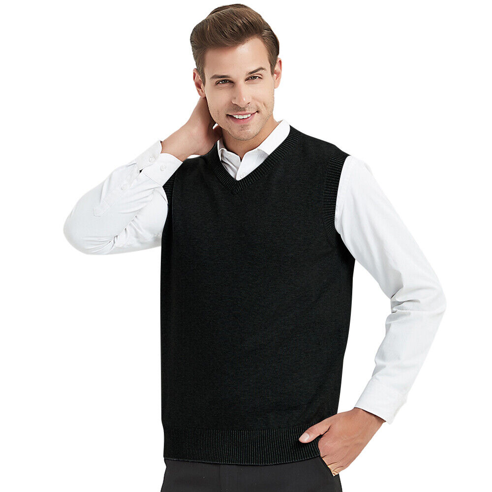 Men 100% Cotton Knit Sweater Knitwear Vest V-Neck Soft Knit Pullover  Sleeveless