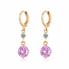 Beautiful New Yellow Gold Filled Round Pink Clear CZ Mini Hoop Dangle Earrings